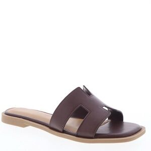 Women's Brown Slide Sandals - Casual Leather Look Slip-On